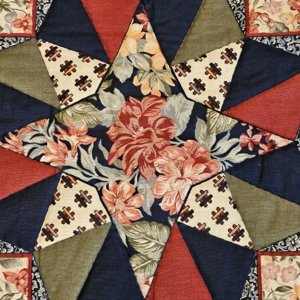 Vintage 90s Hand Stitched Star Quilt Tapestry Wall‎ Hanging Blue Roses Red 44x52